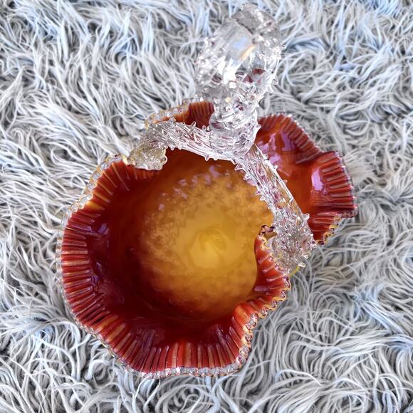 VTG Diamond Quilted Glass Basket Opaque Yellow Orange Twisted Thorn Handle - Picture 9 of 12